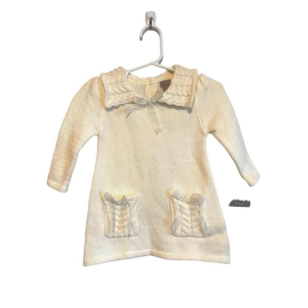 Tahari Baby cream sweater dress collared bow pockets cable knit. Size 3-6 mon.